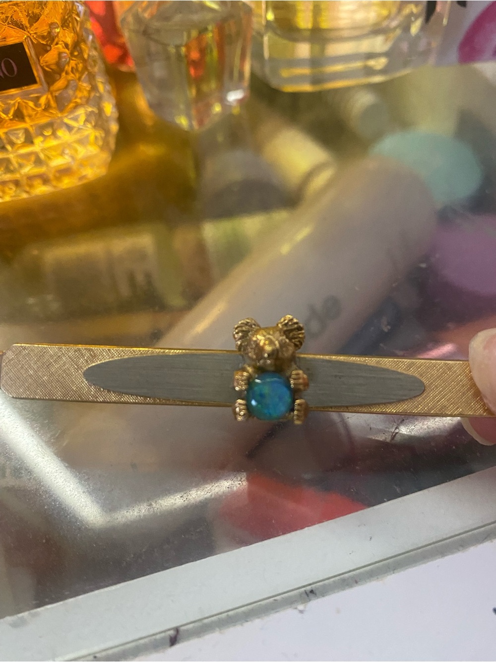 Vintage Gold Tone Koala Tie Clip with Blue Opal Stone